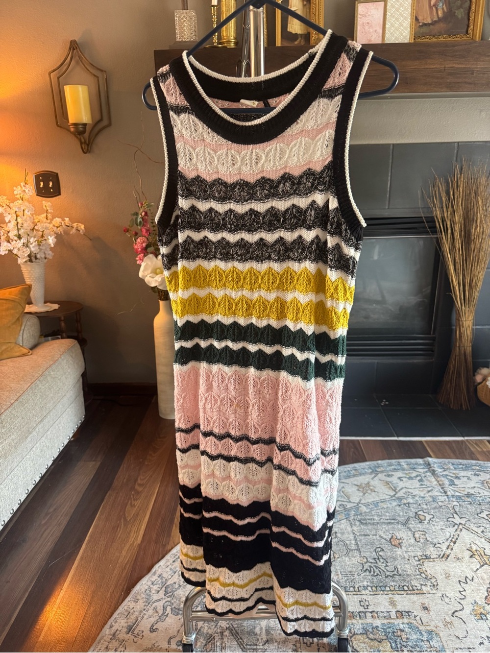 Akemi + Kin Crochet Knit Stripe Midi Dress in Pink, Black & Yellow